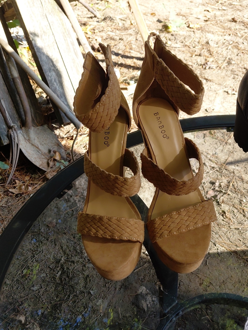 BAMBOO Woven Triple-Strap Platform Sandals in Brown